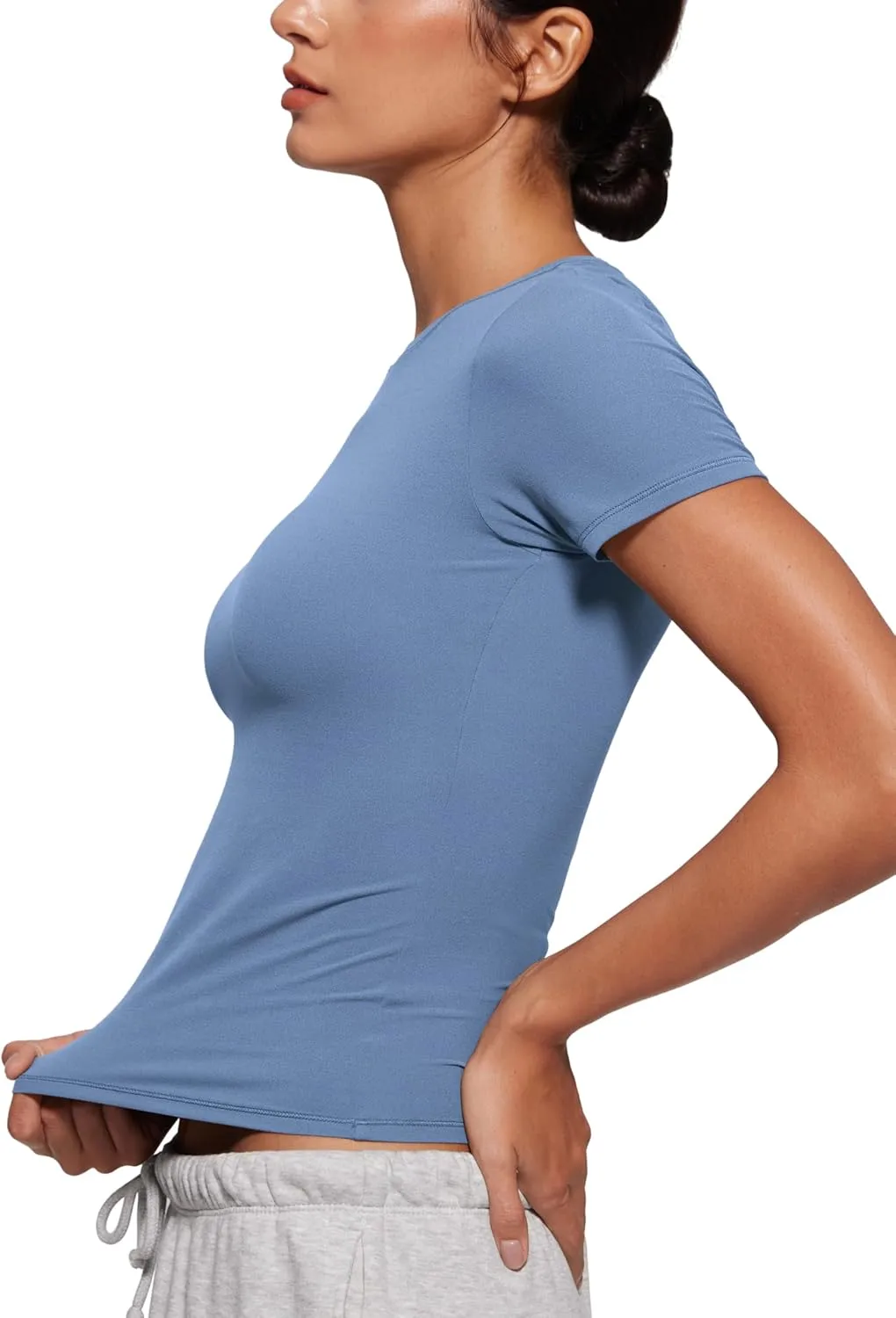 CRZ YOGA Softembrace Short Sleeve Going Out Tops for Women Soft High Crew Neck Casual Tight Shirts Fitted Basic T-Shirts