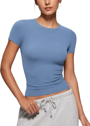 CRZ YOGA Softembrace Short Sleeve Going Out Tops for Women Soft High Crew Neck Casual Tight Shirts Fitted Basic T-Shirts
