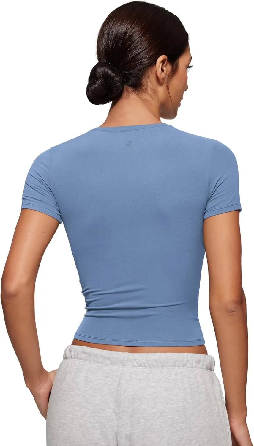 CRZ YOGA Softembrace Short Sleeve Going Out Tops for Women Soft High Crew Neck Casual Tight Shirts Fitted Basic T-Shirts