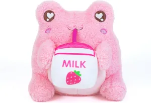 Cuddle Barn PlushGoals - Strawberry Milk Sippin' Wawa The Froggie Soft Light Pink Scented Stuffed Animal Kawaii Frog Plush Toy, 6 inches