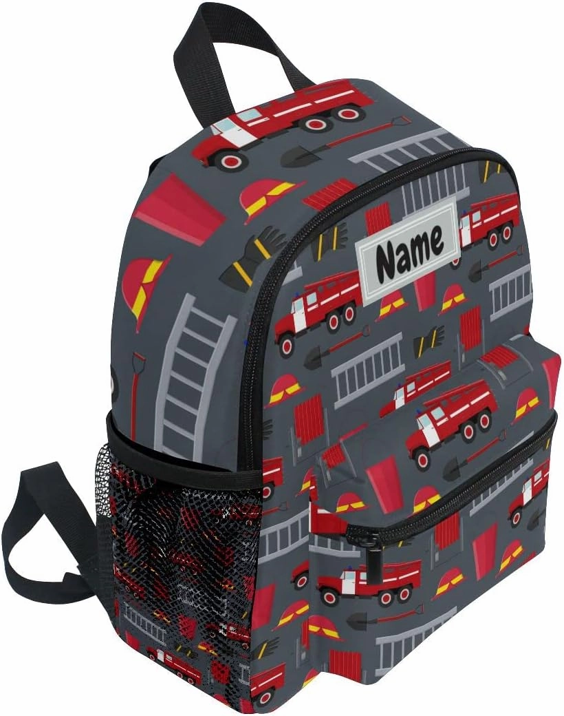Custom Kid's Name Backpack, Firefighter Cars Toddler Backpack for Daycare Travel, Personalized Name Preschool Bookbags for Boys Girls