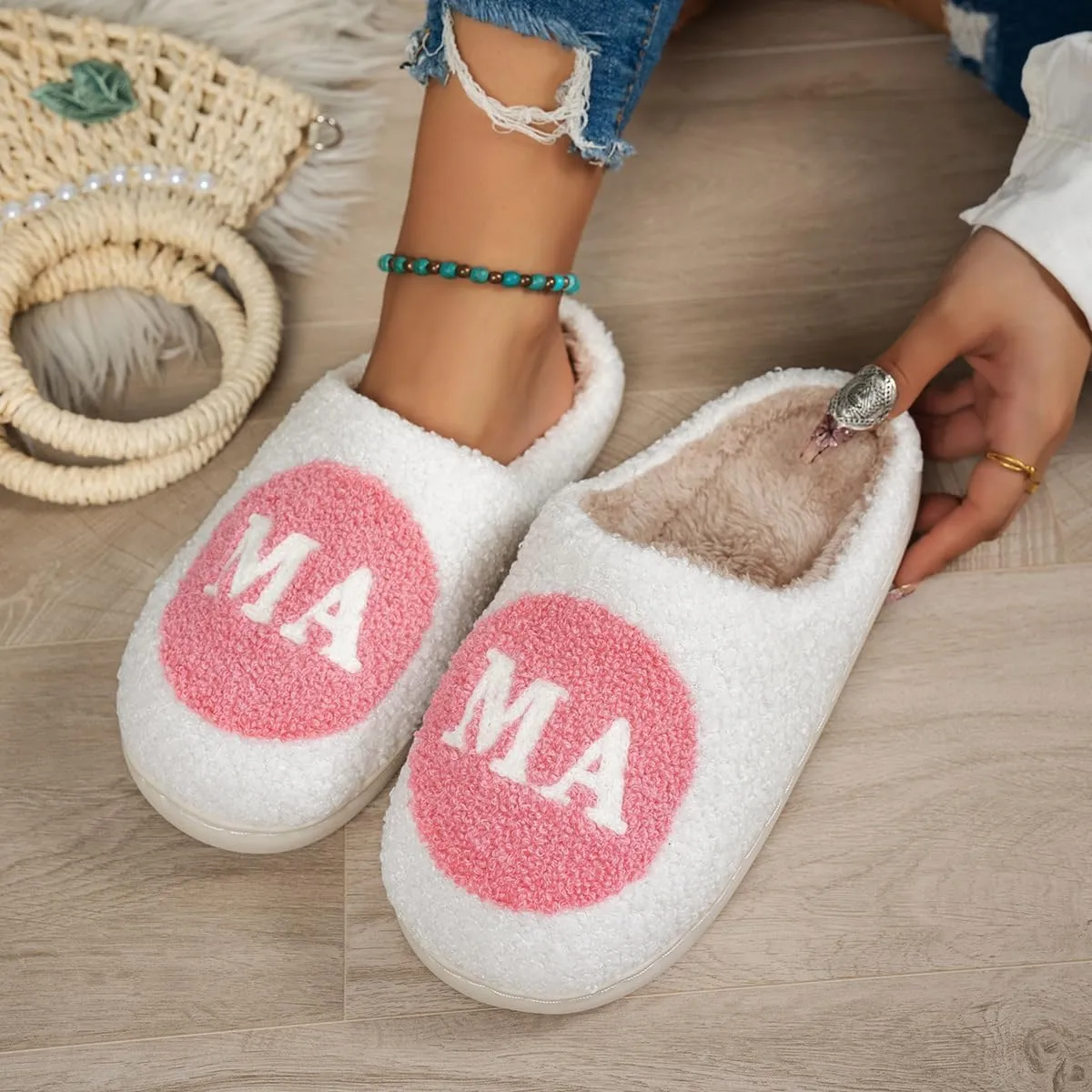 Cute Cozy Fluffy Mama Bear Slippers for Women - Pink, Soft Plush Memory Foam, Letter Print, Round Toe, Slip On, Winter, Mother's Day Gift