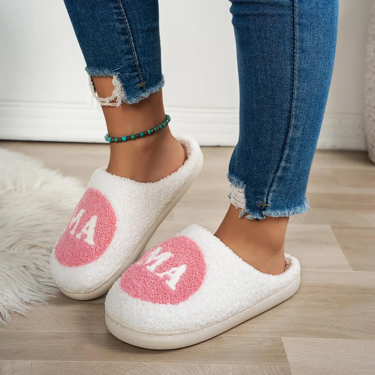 Cute Cozy Fluffy Mama Bear Slippers for Women - Pink, Soft Plush Memory Foam, Letter Print, Round Toe, Slip On, Winter, Mother's Day Gift