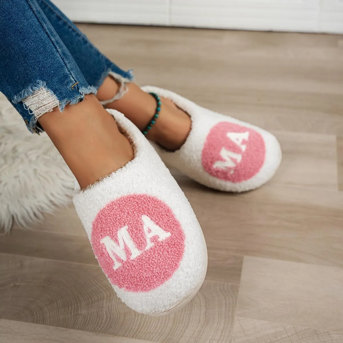 Cute Cozy Fluffy Mama Bear Slippers for Women - Pink, Soft Plush Memory Foam, Letter Print, Round Toe, Slip On, Winter, Mother's Day Gift