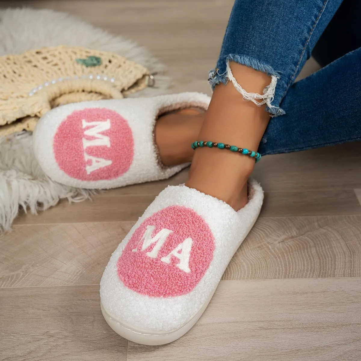 Cute Cozy Fluffy Mama Bear Slippers for Women - Pink, Soft Plush Memory Foam, Letter Print, Round Toe, Slip On, Winter, Mother's Day Gift