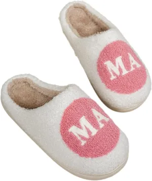 Cute Cozy Fluffy Mama Bear Slippers for Women - Pink, Soft Plush Memory Foam, Letter Print, Round Toe, Slip On, Winter, Mother's Day Gift