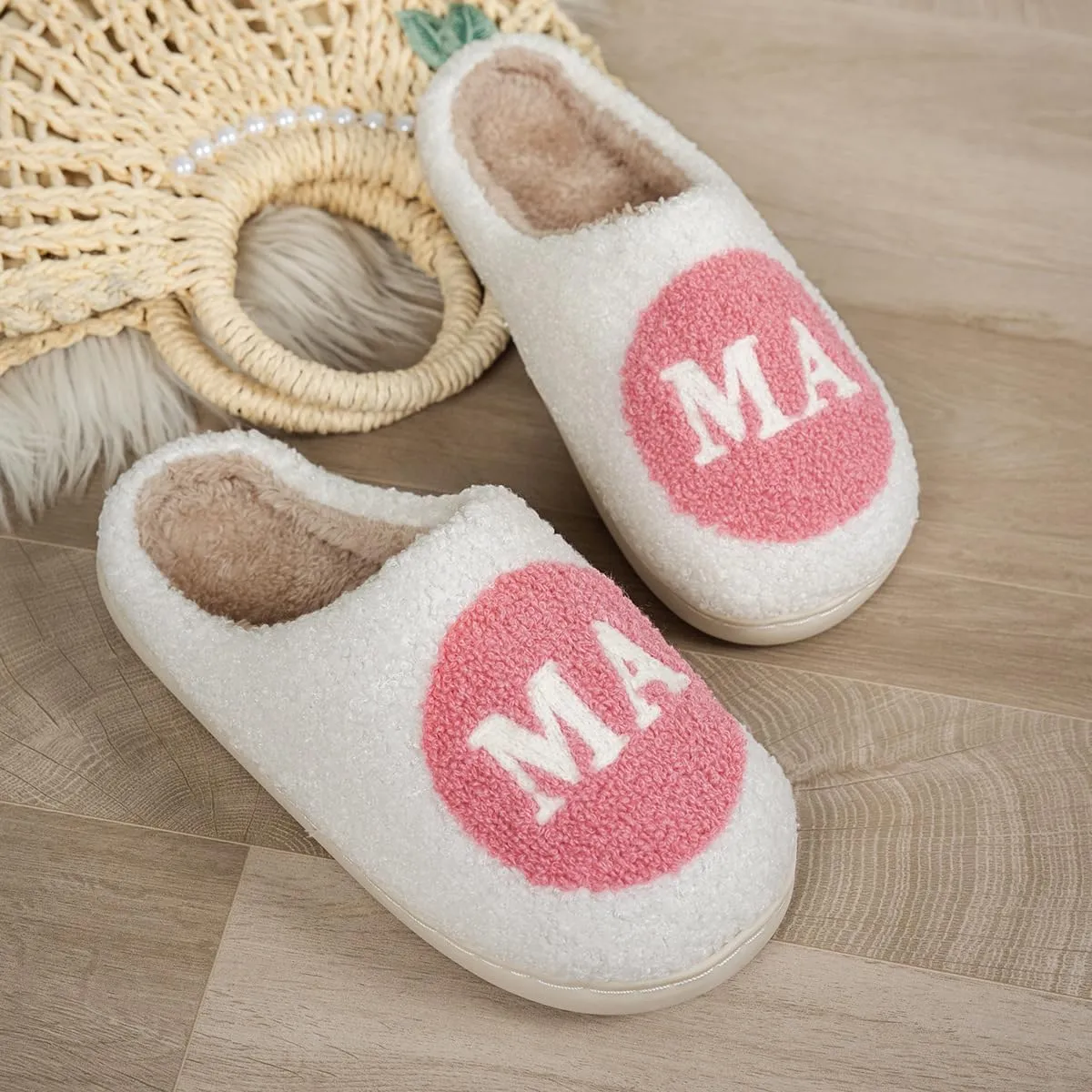 Cute Cozy Fluffy Mama Bear Slippers for Women - Pink, Soft Plush Memory Foam, Letter Print, Round Toe, Slip On, Winter, Mother's Day Gift