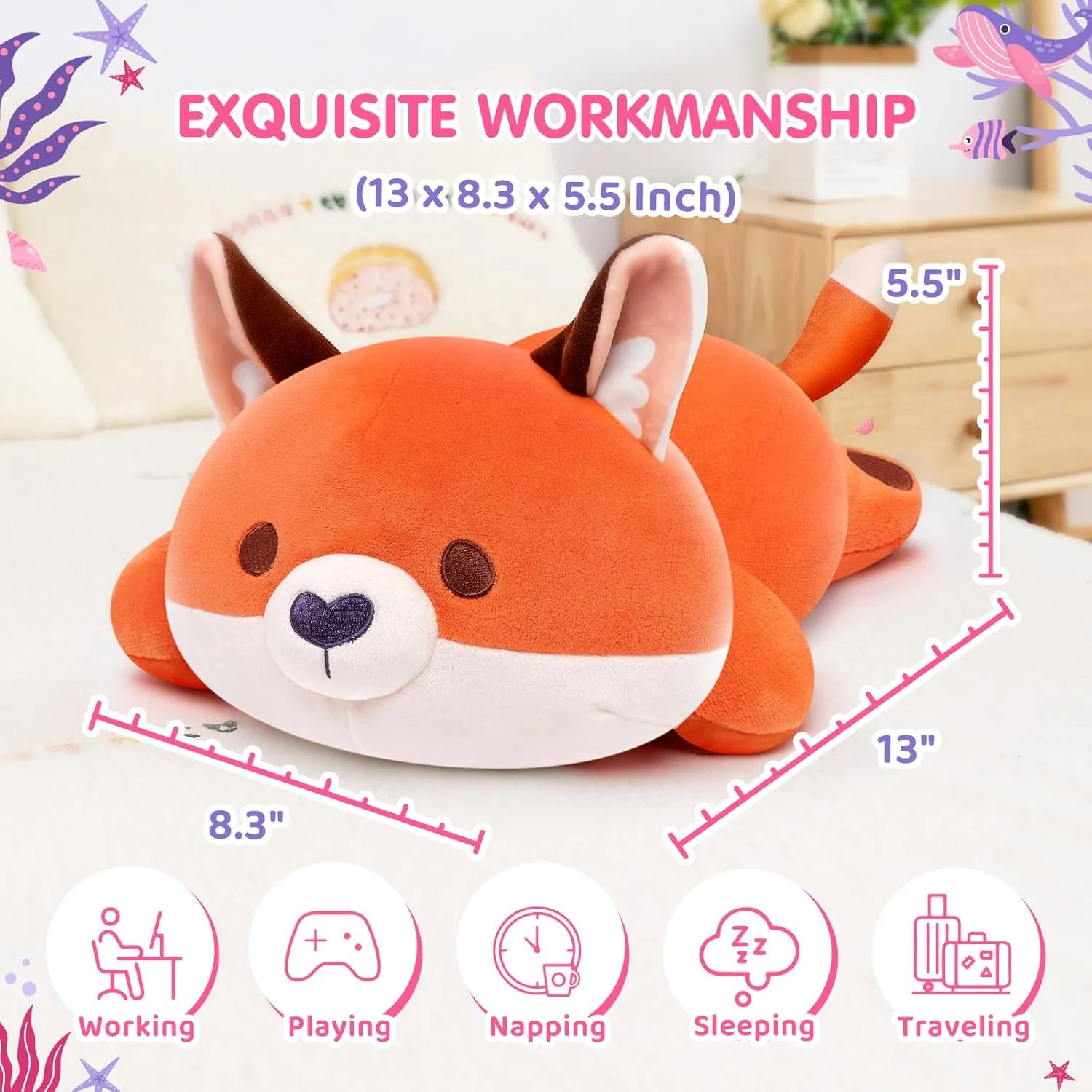 Cute Fox Plush Pillow, Kawaii Plushies Red Fox Stuffed Animals, Squishy Plushies, Cuddle Foxes Plush Pillow for Kids & Girls (13 Inch)