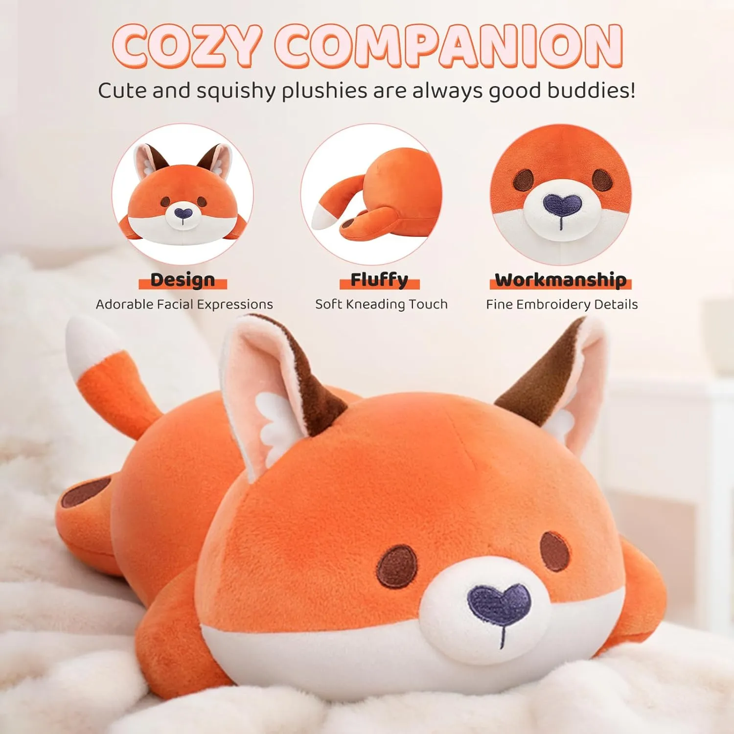 Cute Fox Plush Pillow, Kawaii Plushies Red Fox Stuffed Animals, Squishy Plushies, Cuddle Foxes Plush Pillow for Kids & Girls (13 Inch)