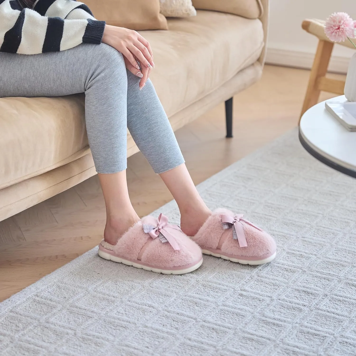 Cute Women's Memory Foam House Slippers - Fuzzy Plush Faux Fur Slippers with Bow Butterfly Tie - Anti-Skid Indoor/Outdoor Gifts for Women, Moms & Ladies