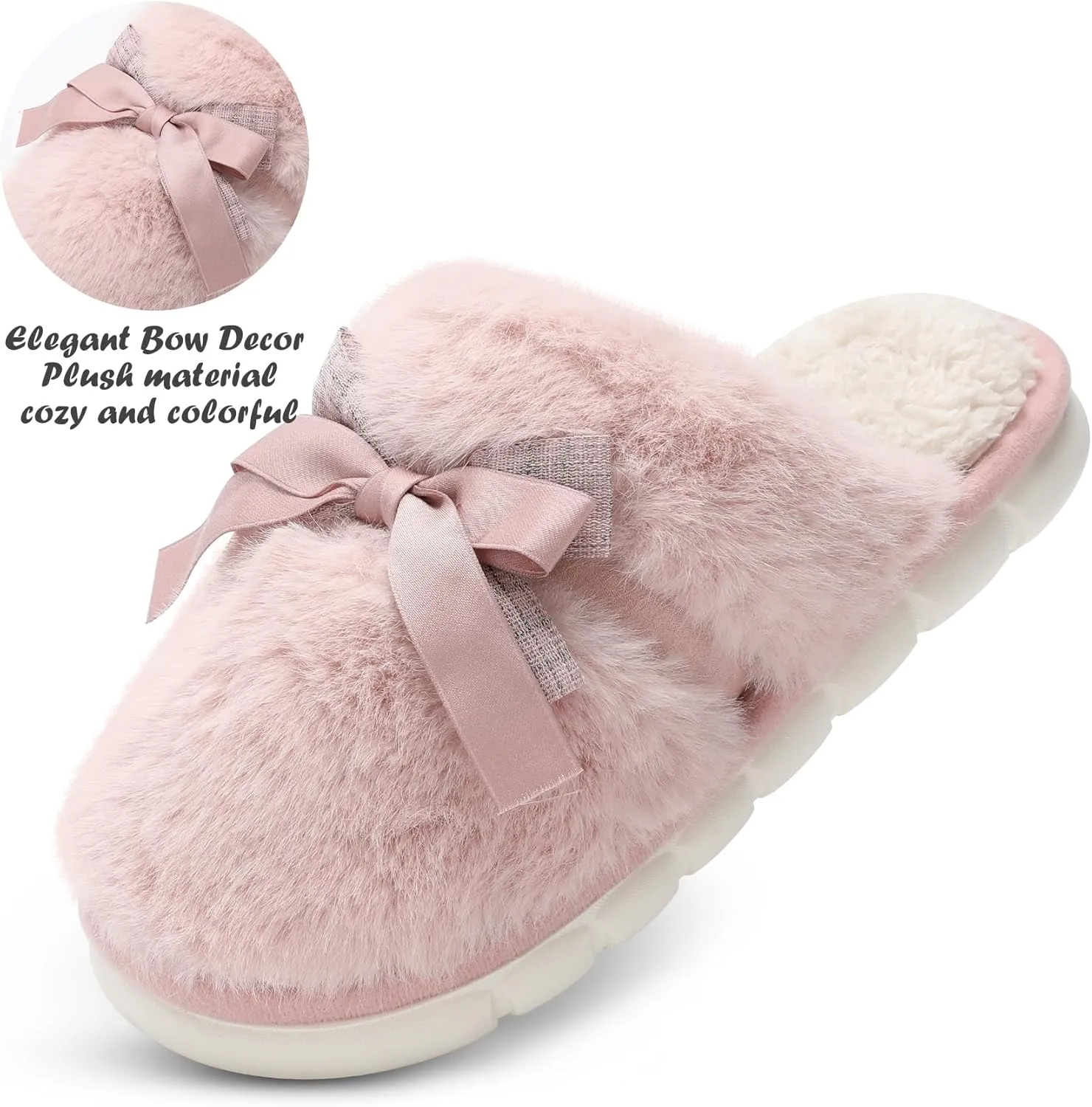 Cute Women's Memory Foam House Slippers - Fuzzy Plush Faux Fur Slippers with Bow Butterfly Tie - Anti-Skid Indoor/Outdoor Gifts for Women, Moms & Ladies