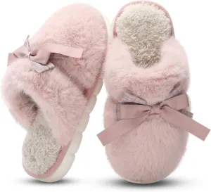 Cute Women's Memory Foam House Slippers - Fuzzy Plush Faux Fur Slippers with Bow Butterfly Tie - Anti-Skid Indoor/Outdoor Gifts for Women, Moms & Ladies