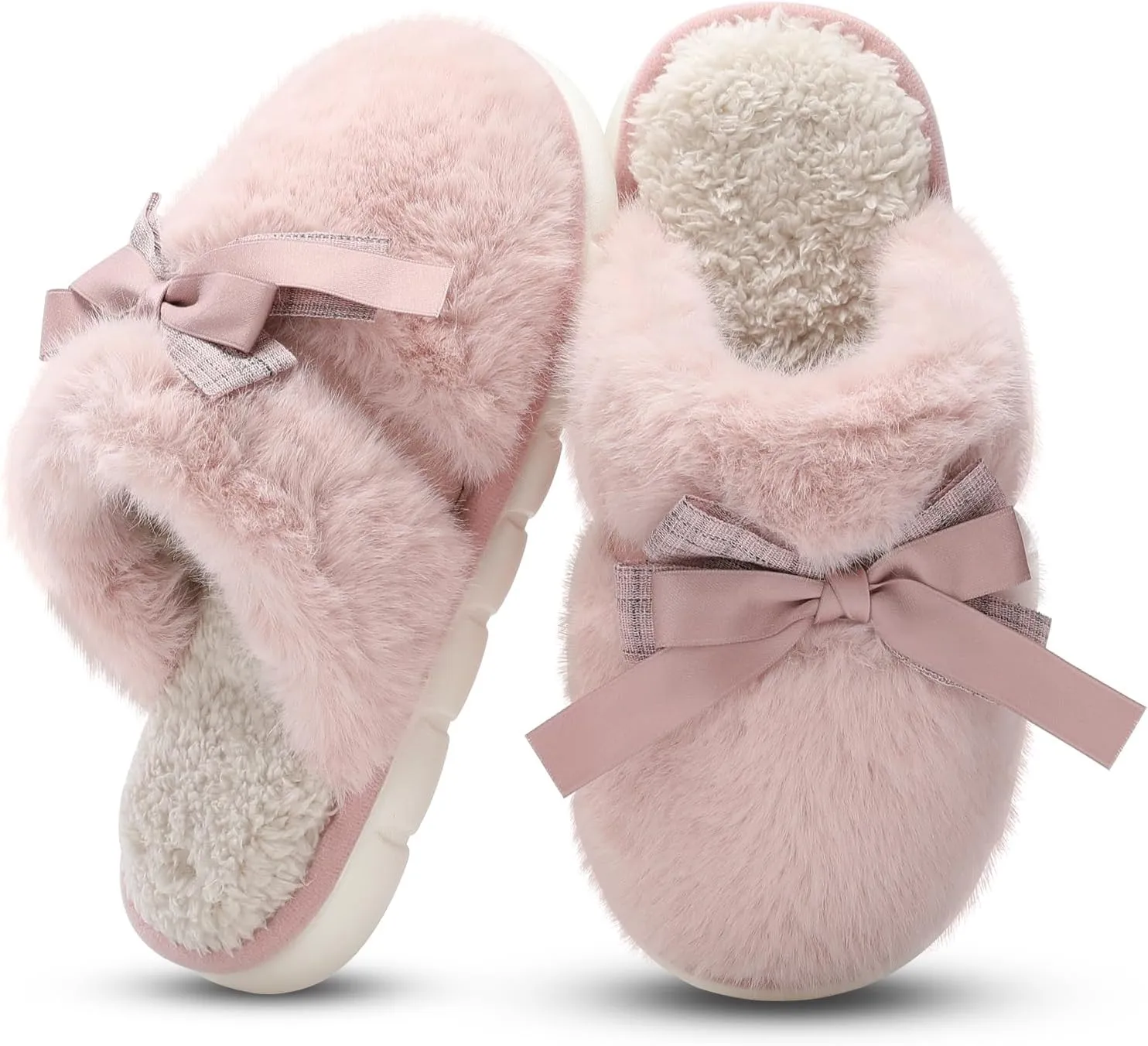 Cute Women's Memory Foam House Slippers - Fuzzy Plush Faux Fur Slippers with Bow Butterfly Tie - Anti-Skid Indoor/Outdoor Gifts for Women, Moms & Ladies