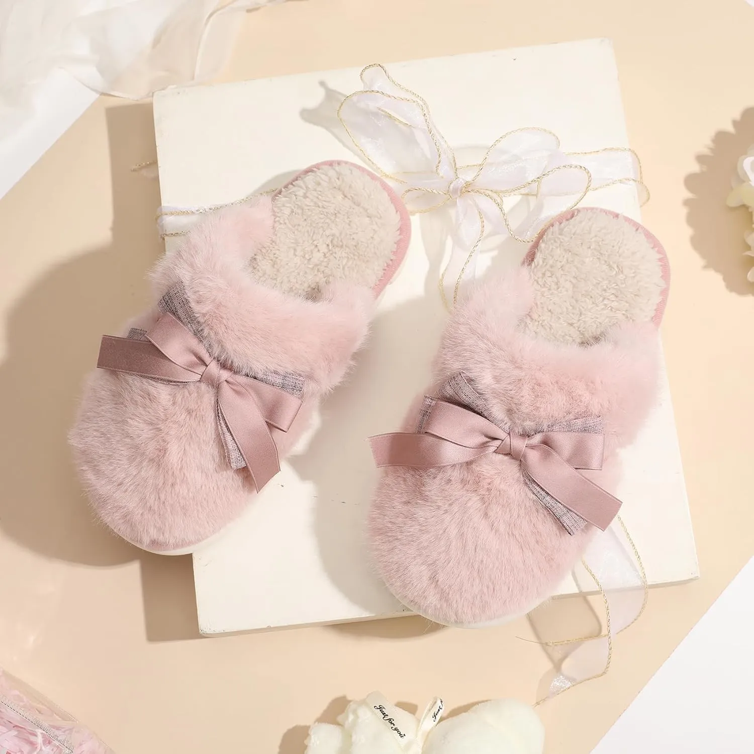 Cute Women's Memory Foam House Slippers - Fuzzy Plush Faux Fur Slippers with Bow Butterfly Tie - Anti-Skid Indoor/Outdoor Gifts for Women, Moms & Ladies