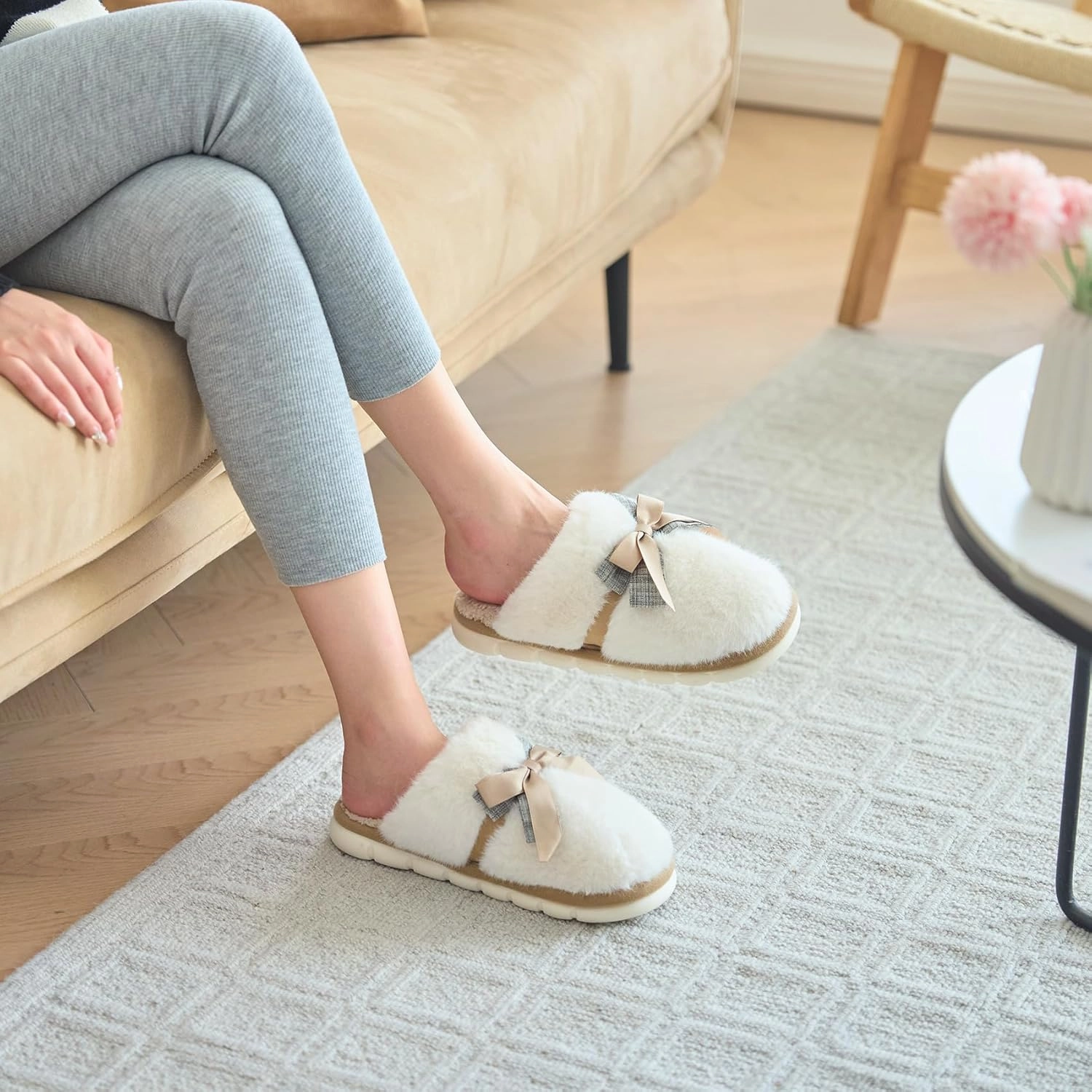 Cute Women's Memory Foam House Slippers - Fuzzy Plush Faux Fur Slippers with Bow Butterfly Tie - Anti-Skid Indoor/Outdoor Gifts for Women, Moms & Ladies