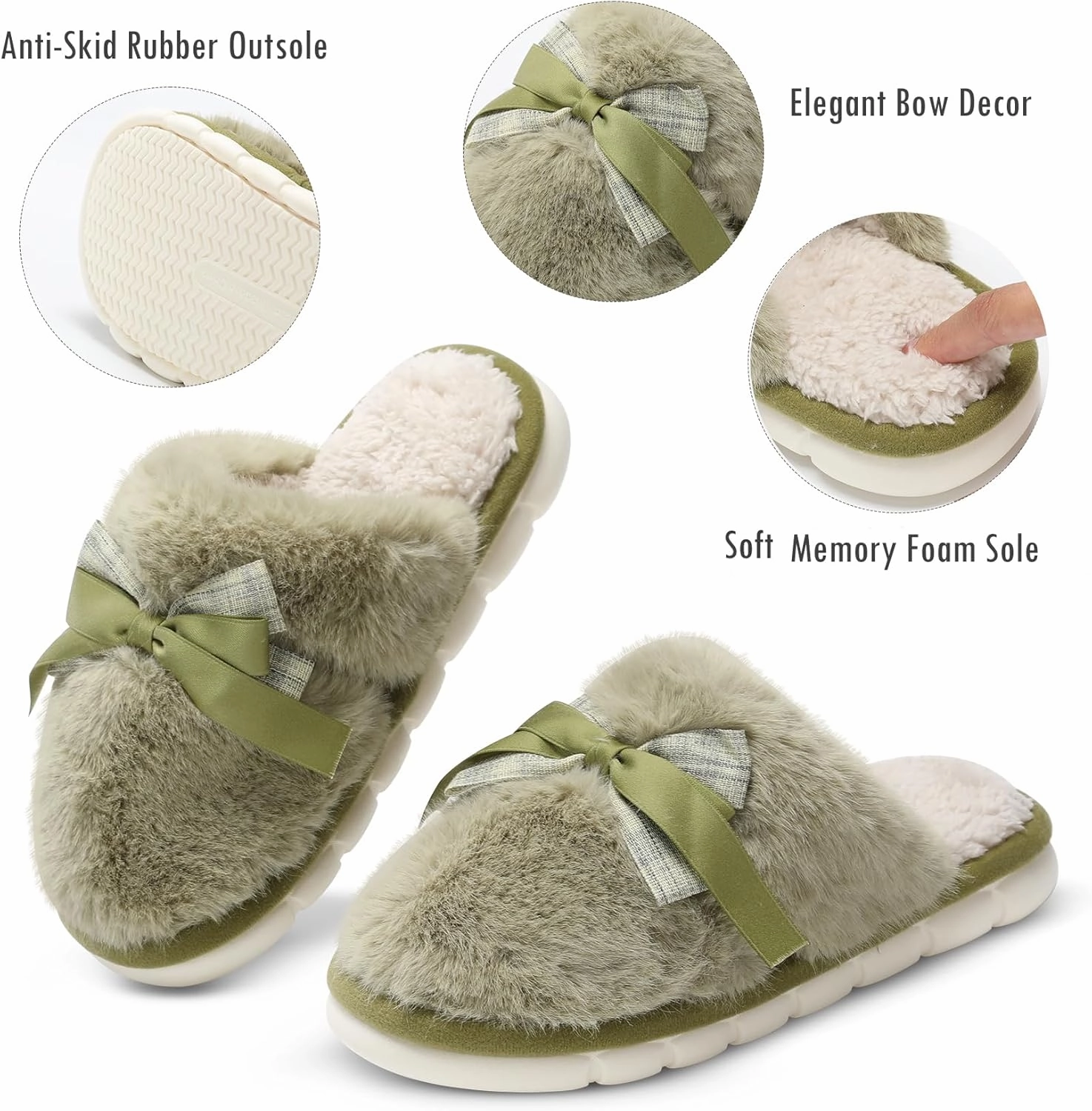Cute Women's Memory Foam House Slippers - Fuzzy Plush Faux Fur Slippers with Bow Butterfly Tie - Anti-Skid Indoor/Outdoor Gifts for Women, Moms & Ladies