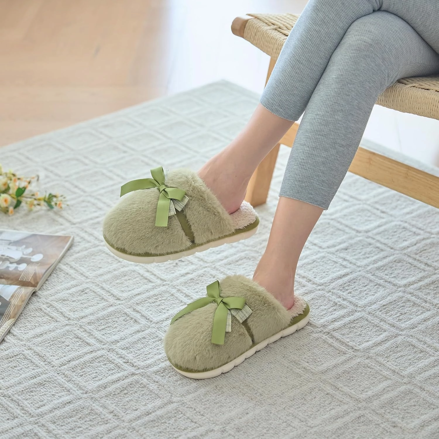 Cute Women's Memory Foam House Slippers - Fuzzy Plush Faux Fur Slippers with Bow Butterfly Tie - Anti-Skid Indoor/Outdoor Gifts for Women, Moms & Ladies