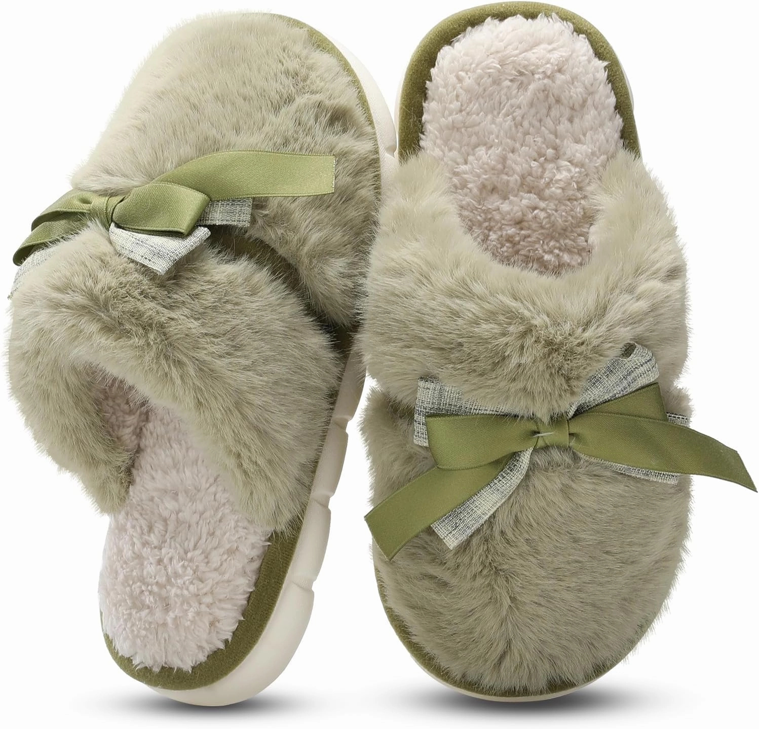 Cute Women's Memory Foam House Slippers - Fuzzy Plush Faux Fur Slippers with Bow Butterfly Tie - Anti-Skid Indoor/Outdoor Gifts for Women, Moms & Ladies