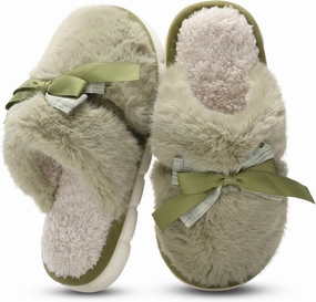 Cute Women's Memory Foam House Slippers - Fuzzy Plush Faux Fur Slippers with Bow Butterfly Tie - Anti-Skid Indoor/Outdoor Gifts for Women, Moms & Ladies
