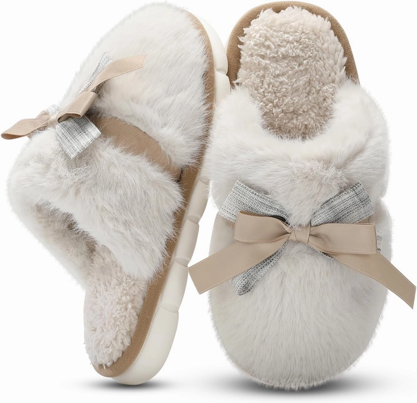 Cute Women's Memory Foam House Slippers - Fuzzy Plush Faux Fur Slippers with Bow Butterfly Tie - Anti-Skid Indoor/Outdoor Gifts for Women, Moms & Ladies