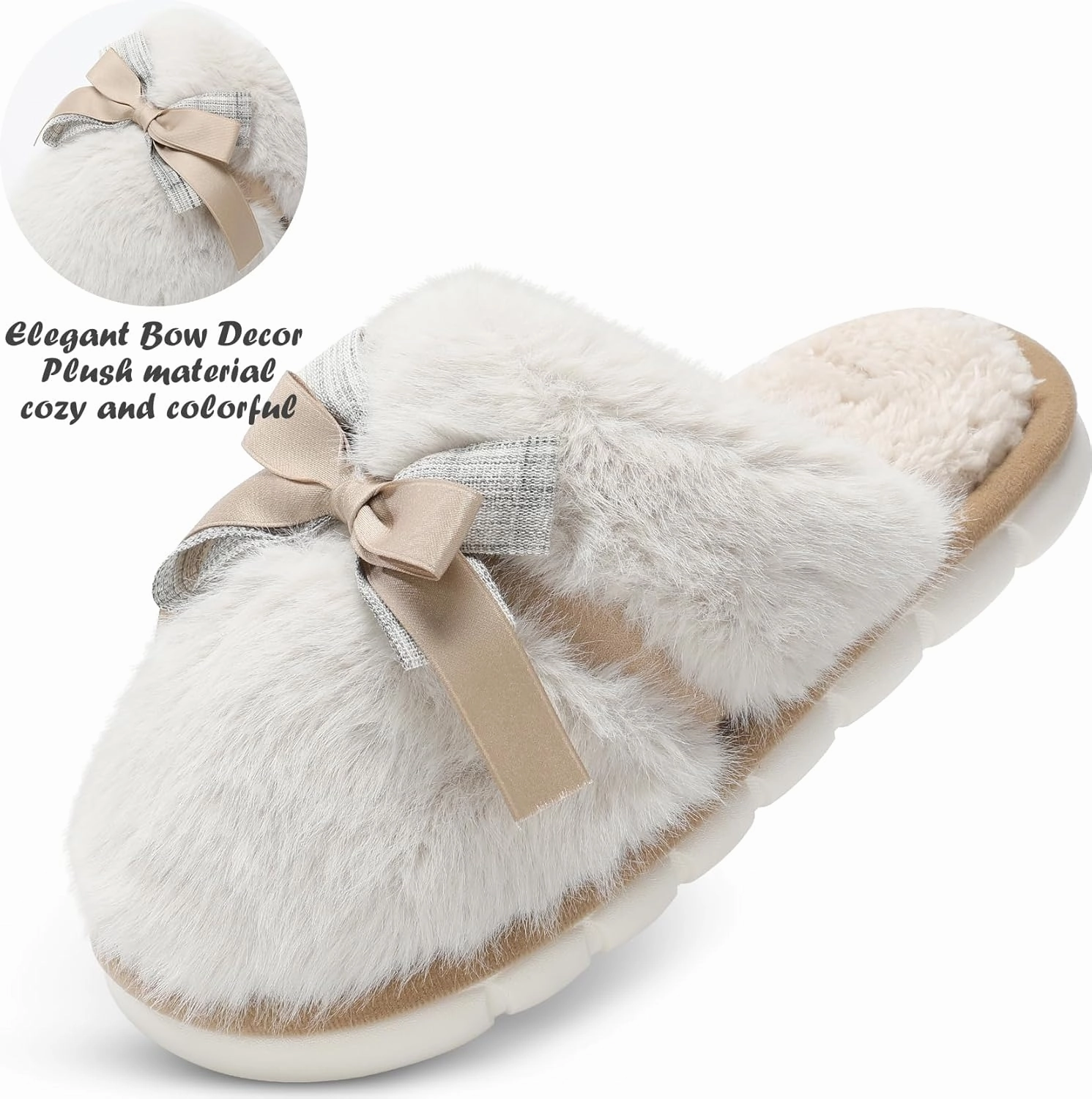 Cute Women's Memory Foam House Slippers - Fuzzy Plush Faux Fur Slippers with Bow Butterfly Tie - Anti-Skid Indoor/Outdoor Gifts for Women, Moms & Ladies