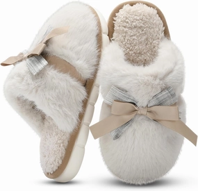 Cute Women's Memory Foam House Slippers - Fuzzy Plush Faux Fur Slippers with Bow Butterfly Tie - Anti-Skid Indoor/Outdoor Gifts for Women, Moms & Ladies