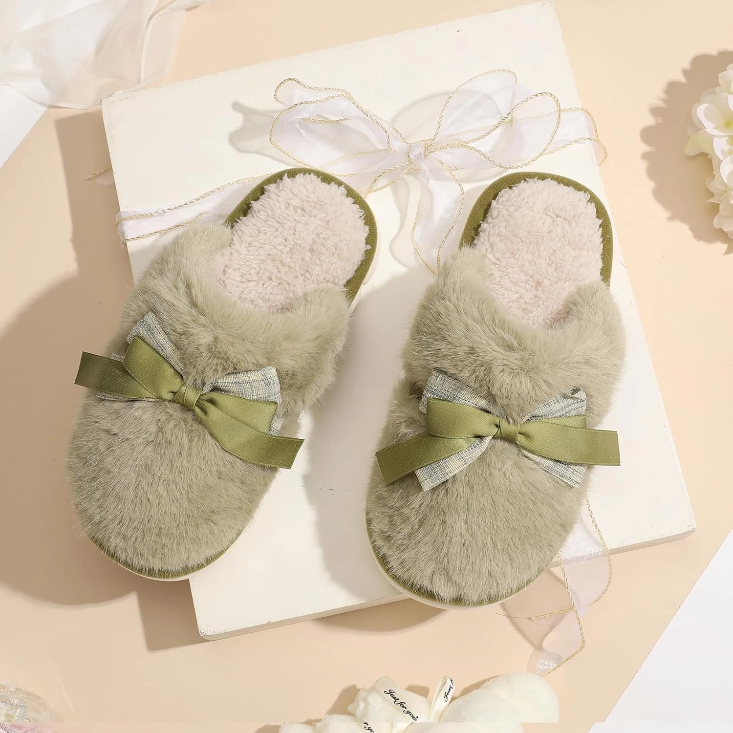 Cute Women's Memory Foam House Slippers - Fuzzy Plush Faux Fur Slippers with Bow Butterfly Tie - Anti-Skid Indoor/Outdoor Gifts for Women, Moms & Ladies