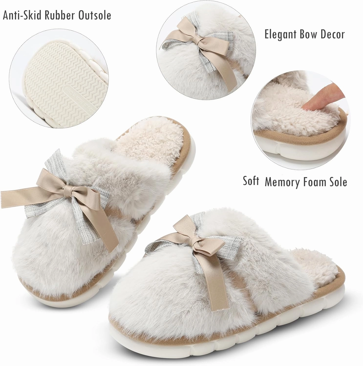 Cute Women's Memory Foam House Slippers - Fuzzy Plush Faux Fur Slippers with Bow Butterfly Tie - Anti-Skid Indoor/Outdoor Gifts for Women, Moms & Ladies