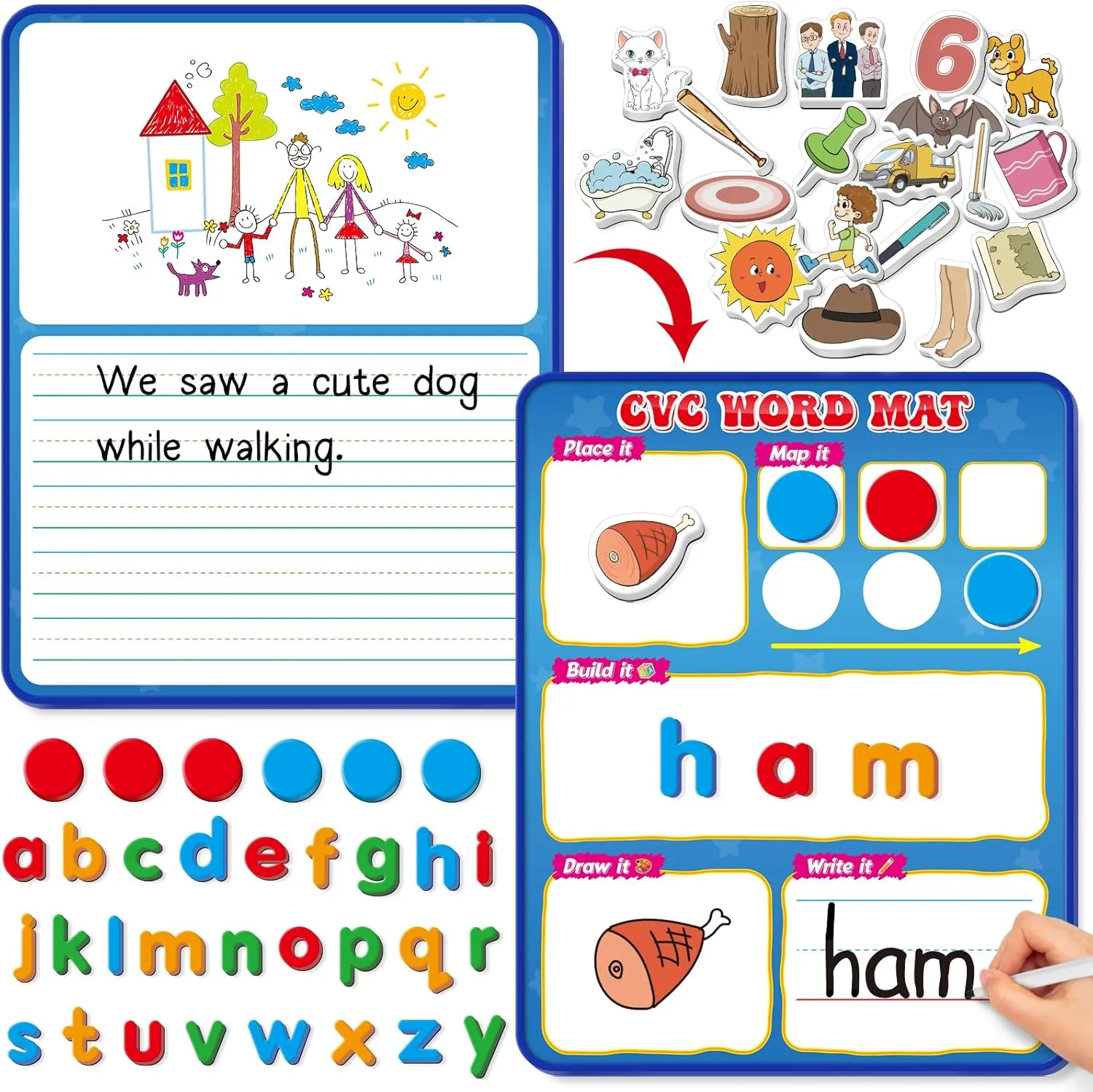 CVC Word Games,Phonics Games,Magnetic Letters & Dry Erase Board,Refrigerator Fridge Alphabet ABC Magnets for Kids Toddlers,Elkonin Box,Speech Therapy,Spelling Reading Manipulative Classroom