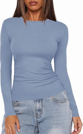 Darong Women's Long Sleeve Crew Neck Shirts Fall Basic Casual Ruched Side Slim Fit T Shirts Tee Tops