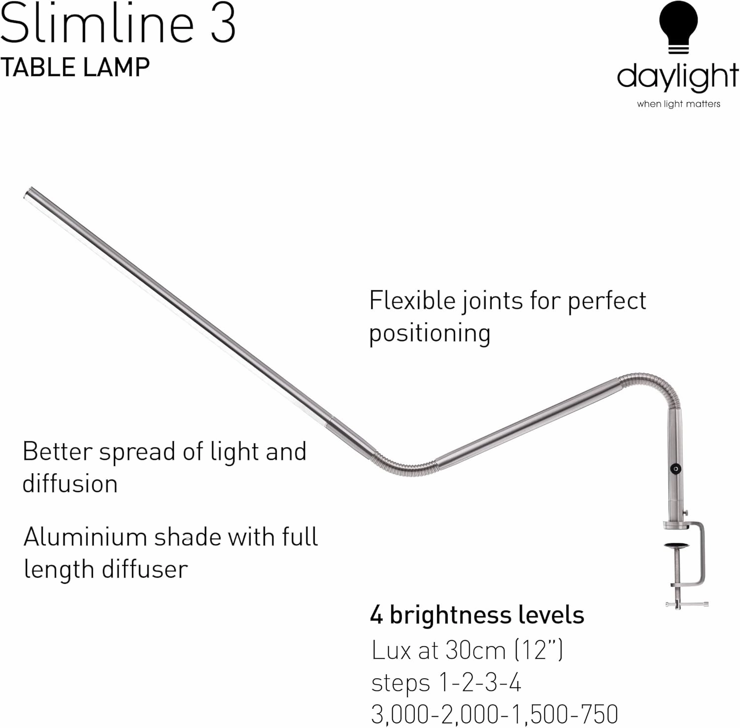Daylight Company, LLC U35108 Slimline 3 Table Lamp-LED-80 CRI-Eye Care-4 Brightness Levels, 3,000 LUX at 30 cm, 1,065 LUMENS-4 Step DIMMER Mode, Brushed Steel, 25.6 x 30 x .8