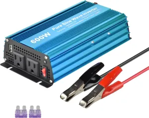 DC 12V to AC120V Pure Sine Wave Power Inverter 600W with Dual sockets Output and DC 5V 2Amp USB Output. Ideal for Most Small Power appliances. (600W) Blue