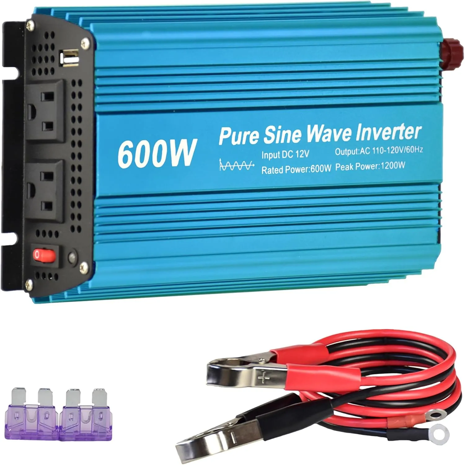 DC 12V to AC120V Pure Sine Wave Power Inverter 600W with Dual sockets Output and DC 5V 2Amp USB Output. Ideal for Most Small Power appliances. (600W) Blue
