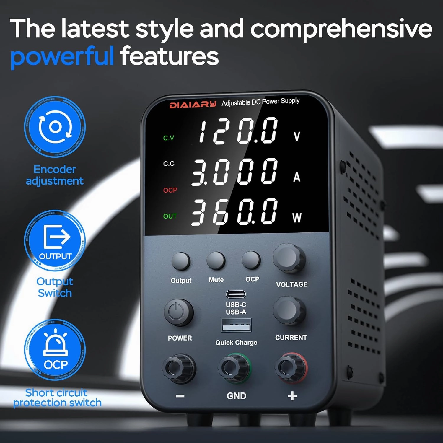 DC Power Supply Variable, 120V 3A Adjustable Switching Regulated DC Bench Power Supply with Intelligent Charging Mode, 18W USB Interface, Precision Encoder Knob