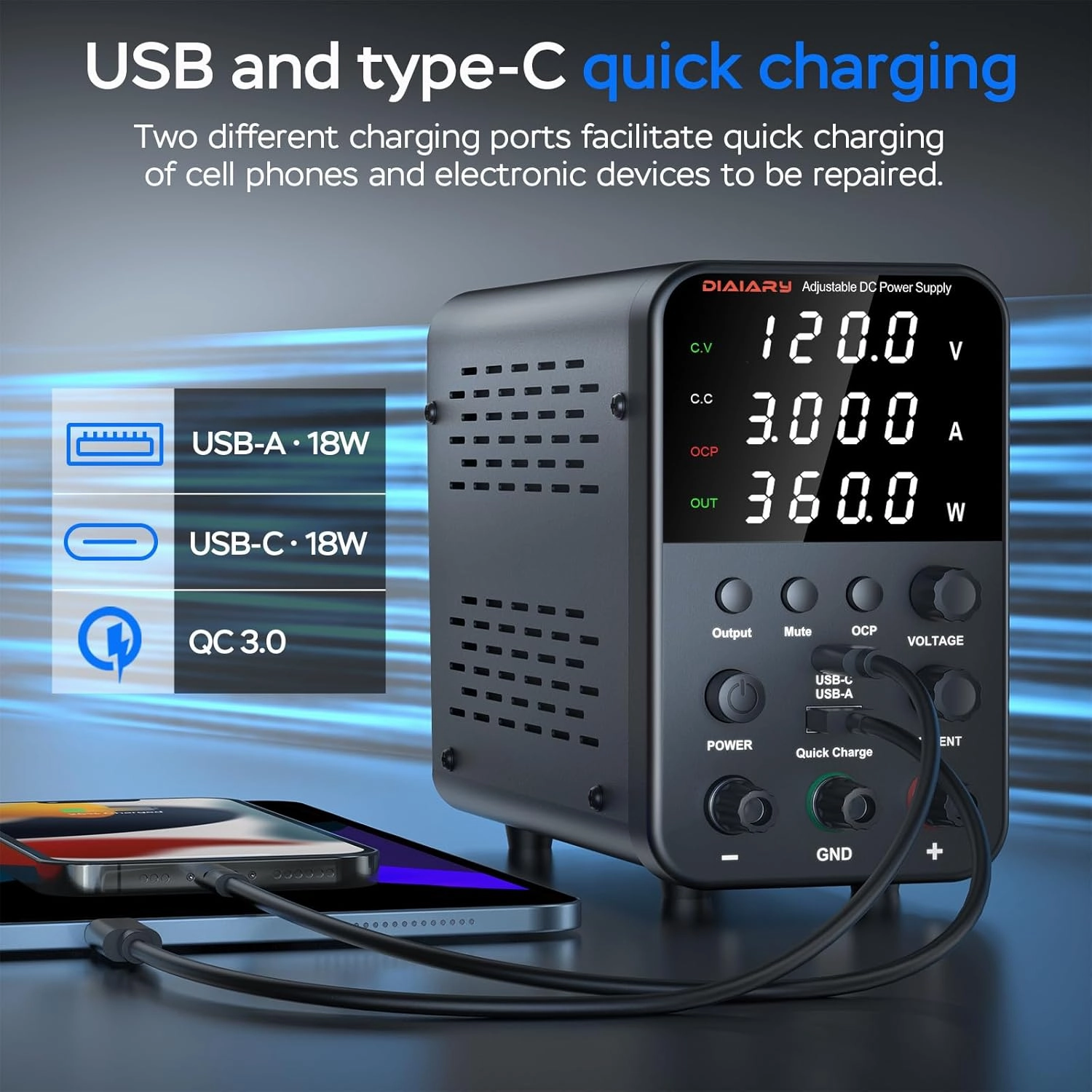 DC Power Supply Variable, 120V 3A Adjustable Switching Regulated DC Bench Power Supply with Intelligent Charging Mode, 18W USB Interface, Precision Encoder Knob