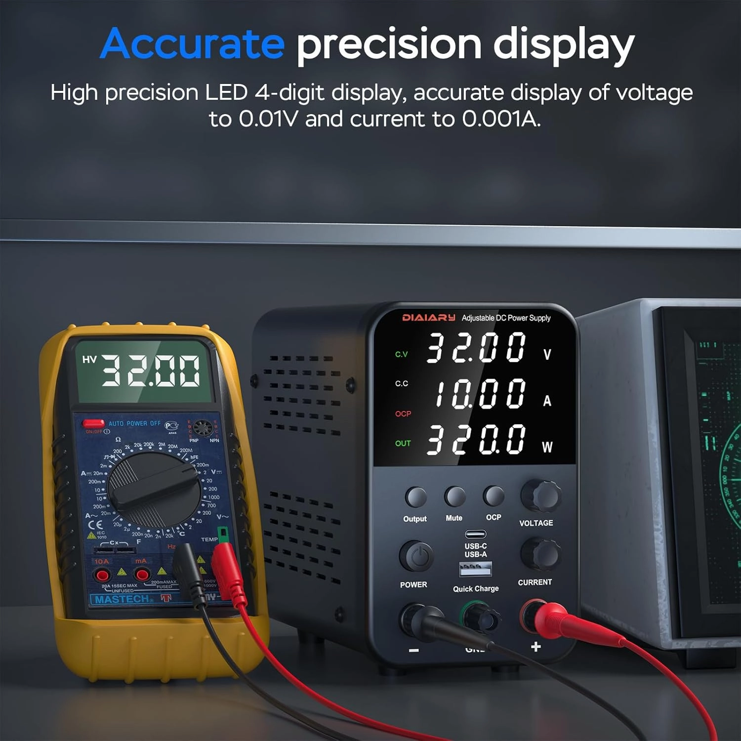 DC Power Supply Variable, 32V 10A Adjustable Switching Regulated DC Bench Power Supply with Intelligent Charging Mode, 18W USB Interface, Precision Encoder Knob
