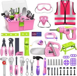 Deejoy 54Pcs Large Kids Tool Set with Electric Saw & Electronic Toy Drill, Pretend Play Kids Construction Set for Toddler 3-5 Years Old, Toddler Tool Set-Pink
