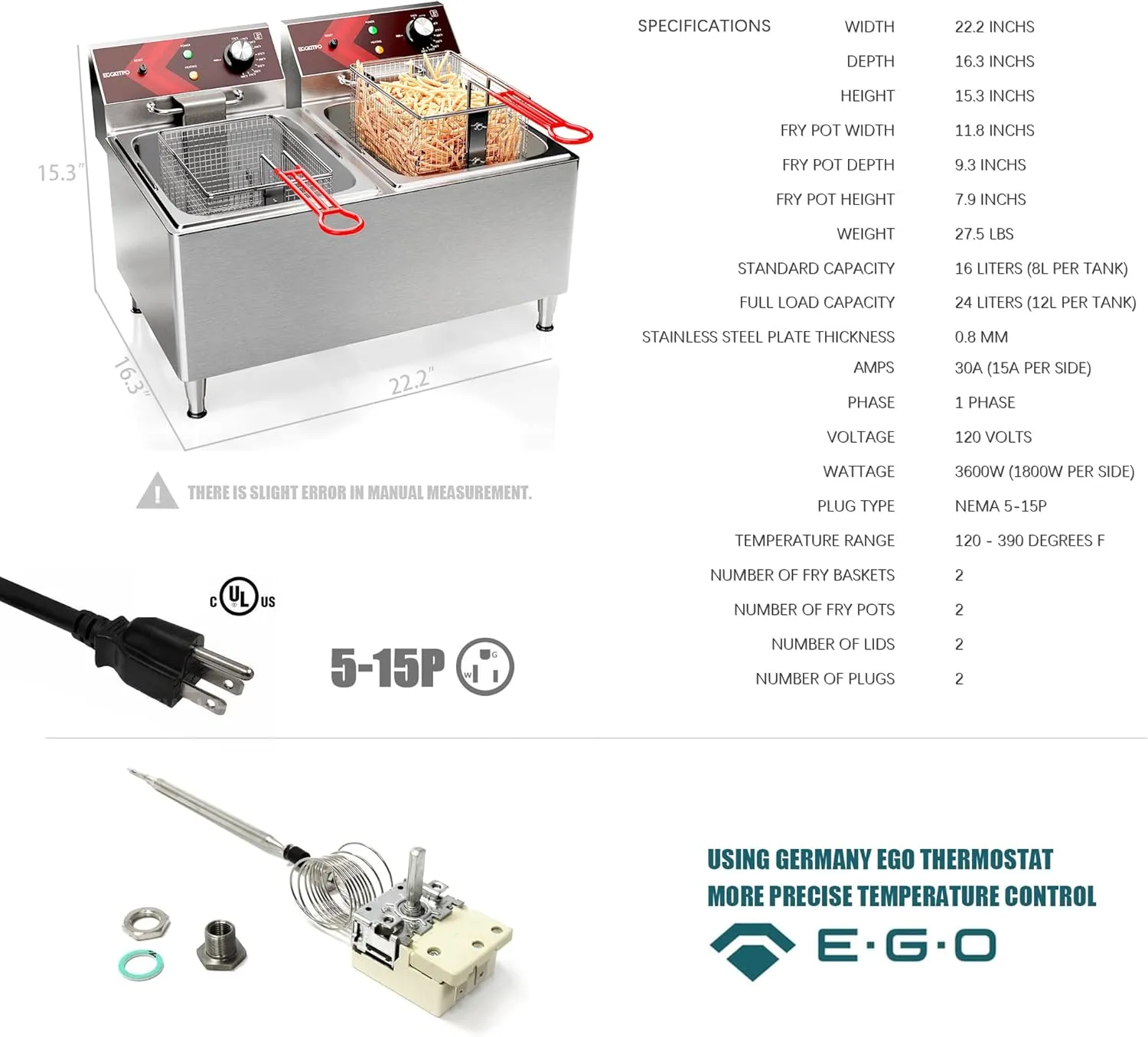 Deep fryers Commercial Deep Fryer 12L x 2 Large Dual Tank Electric Countertop Fryer for Restaurant with 2 Frying Baskets and Lids, 1800W x 2, 120V