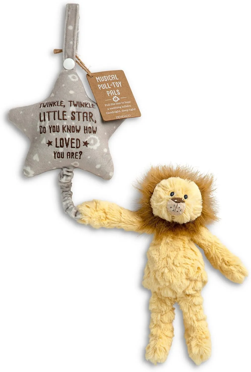 DEMDACO Lion 6 x 22 Inch Yellow and Brown Childrens Musical Plush Stuffed Animal Pull Toy