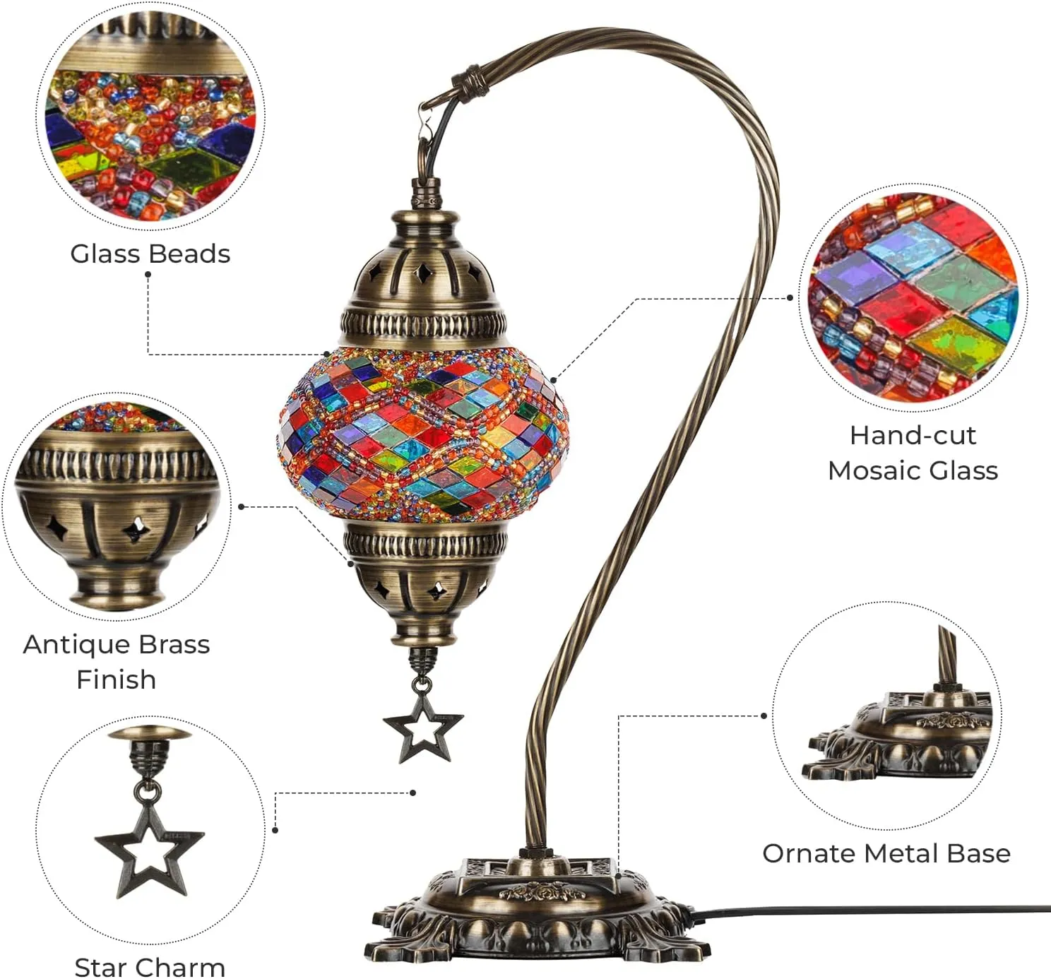 DEMMEX Turkish Table Lamp Moroccan Bedside Light Handmade Tiffany Mosaic Glass Boho Artisan Accent Lighting for Bedroom Living Room, Antique Brass Finish – 15" H, Multicolor