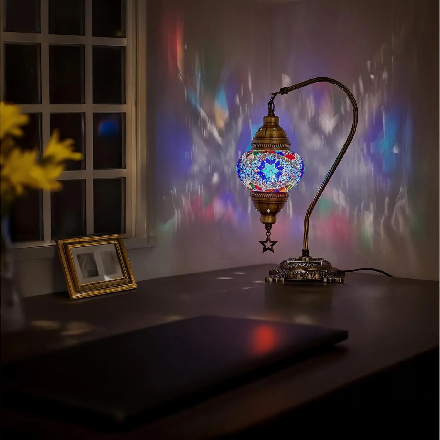 DEMMEX Turkish Table Lamp Moroccan Bedside Light Handmade Tiffany Mosaic Glass Boho Artisan Accent Lighting for Bedroom Living Room, Antique Brass Finish – 15" H, Multicolor