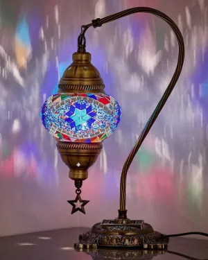 DEMMEX Turkish Table Lamp Moroccan Bedside Light Handmade Tiffany Mosaic Glass Boho Artisan Accent Lighting for Bedroom Living Room, Antique Brass Finish – 15" H, Multicolor