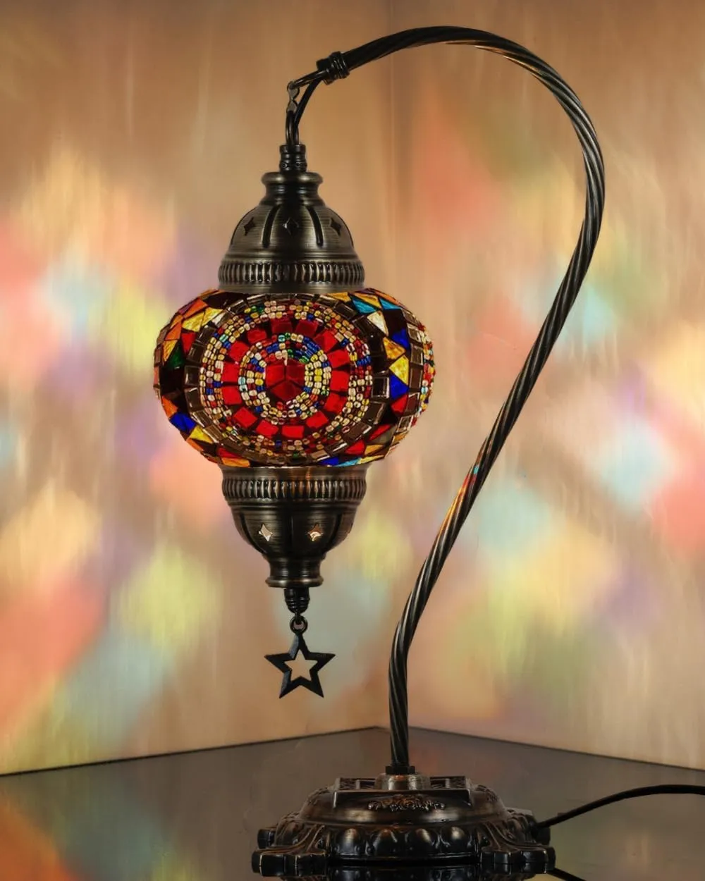 DEMMEX Turkish Table Lamp Moroccan Bedside Light Handmade Tiffany Mosaic Glass Boho Artisan Accent Lighting for Bedroom Living Room, Antique Brass Finish – 15" H, Multicolor