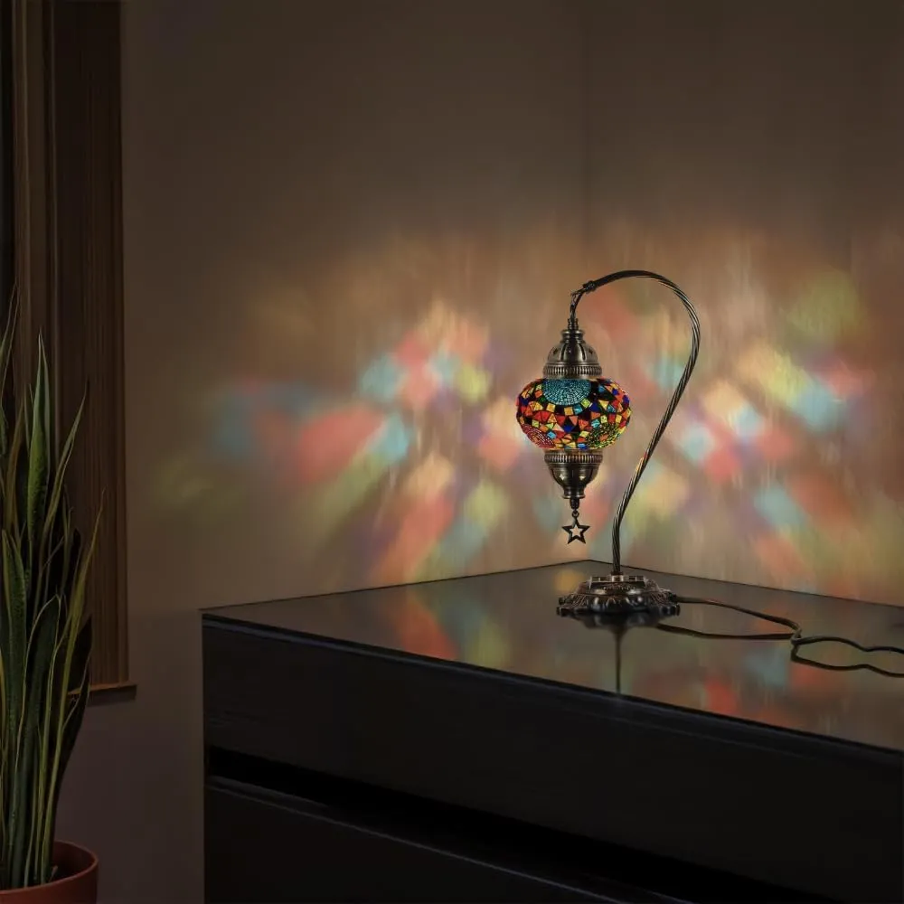 DEMMEX Turkish Table Lamp Moroccan Bedside Light Handmade Tiffany Mosaic Glass Boho Artisan Accent Lighting for Bedroom Living Room, Antique Brass Finish – 15" H, Multicolor