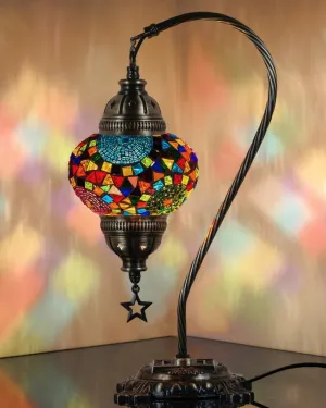 DEMMEX Turkish Table Lamp Moroccan Bedside Light Handmade Tiffany Mosaic Glass Boho Artisan Accent Lighting for Bedroom Living Room, Antique Brass Finish – 15" H, Multicolor