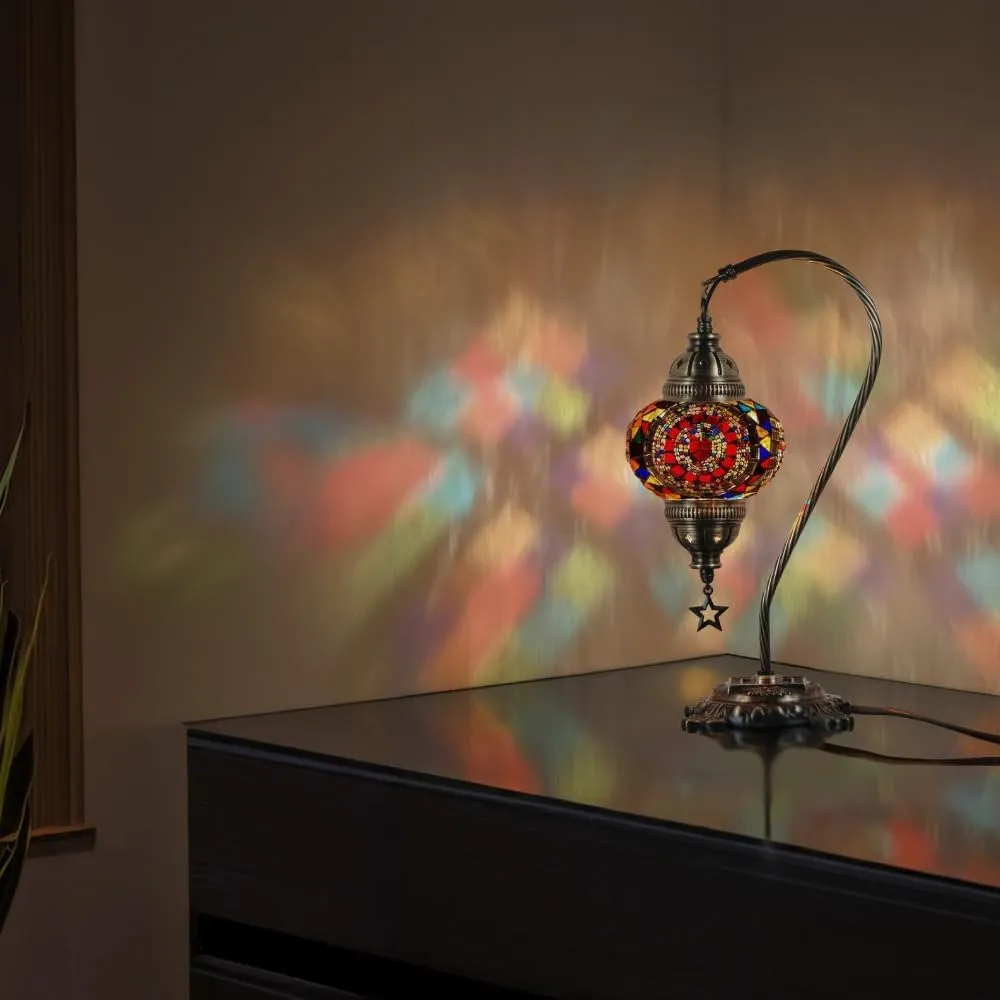 DEMMEX Turkish Table Lamp Moroccan Bedside Light Handmade Tiffany Mosaic Glass Boho Artisan Accent Lighting for Bedroom Living Room, Antique Brass Finish – 15" H, Multicolor