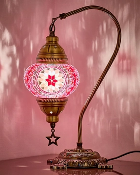 DEMMEX Turkish Moroccan Mosaic Table Lamp – Handcrafted Tiffany-Style Colorful Glass Swan Neck Bedside, Desk, Table Light, Boho Artisan Accent Lighting for Bedroom or Living Room – 15" H, Pink