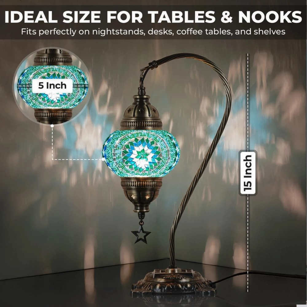 DEMMEX Turkish Table Lamp Moroccan Bedside Light Handmade Tiffany Mosaic Glass Boho Artisan Accent Lighting for Bedroom Living Room, Antique Brass Finish – 15" H, Multicolor