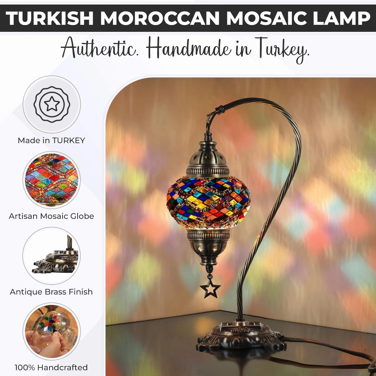 DEMMEX Turkish Table Lamp Moroccan Bedside Light Handmade Tiffany Mosaic Glass Boho Artisan Accent Lighting for Bedroom Living Room, Antique Brass Finish – 15" H, Multicolor