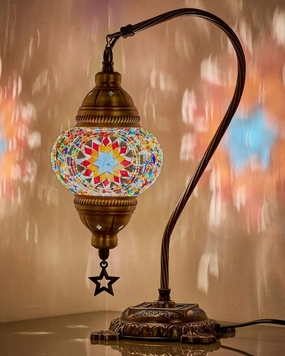 DEMMEX Turkish Table Lamp Moroccan Bedside Light Handmade Tiffany Mosaic Glass Boho Artisan Accent Lighting for Bedroom Living Room, Antique Brass Finish – 15" H, Multicolor